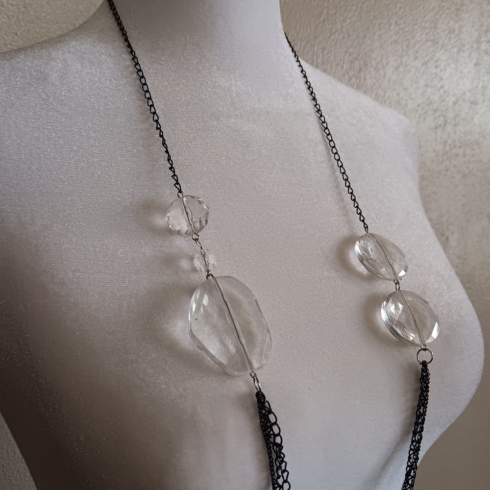 Silver & Clear Tone Beaded Chic Chain Necklace, Dainty Long Simple Minimalist - Picture 4 of 7